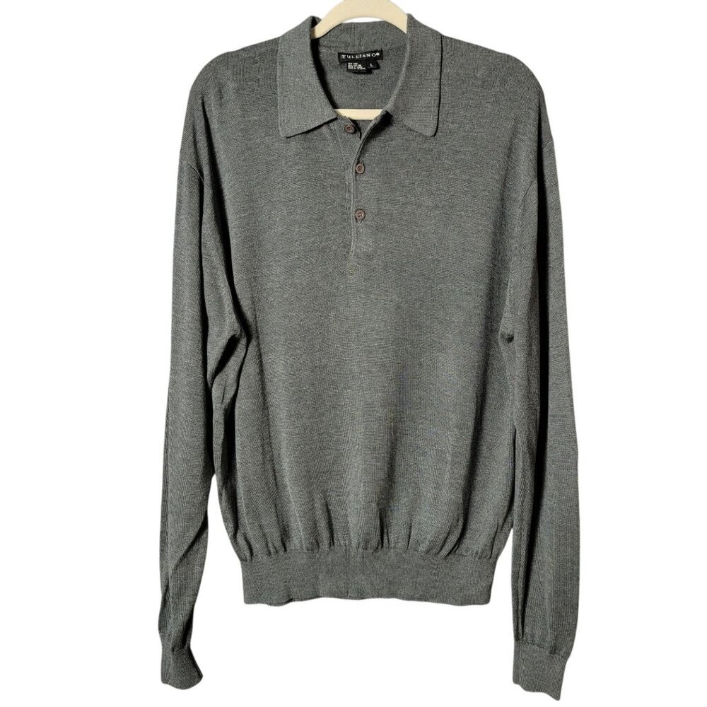 Tulliano Mens Gray Silk Cotton Old Money Long Sleeve Knit Polo Sweater Large